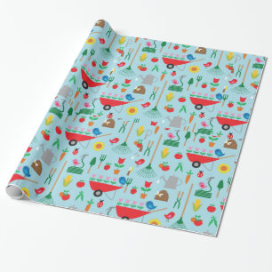 Tuinpatroon lente bloemen en tuin gereedschap cadeaupapier