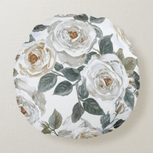 Tuinrozen Witte Waterverf Bloemige Vintage Rond Kussen