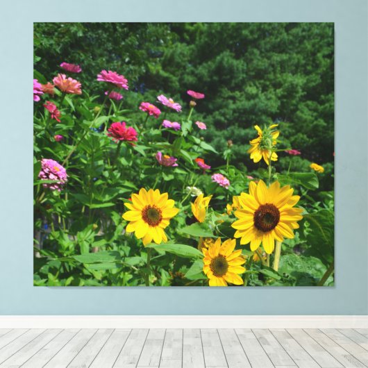 Tuintuin, Uitzicht, bloesems, zonnebloemen Canvas Afdruk (Insitu (Houten vloer))