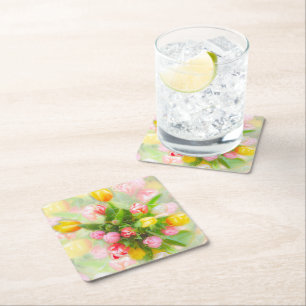 Tulip bouquet in  kijkhoek - bloemkunst vierkante kartonnen onderzetter