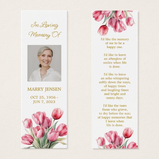 Tulip Floral Photo Funeral Memorial Bookmark (Devant & derrière)