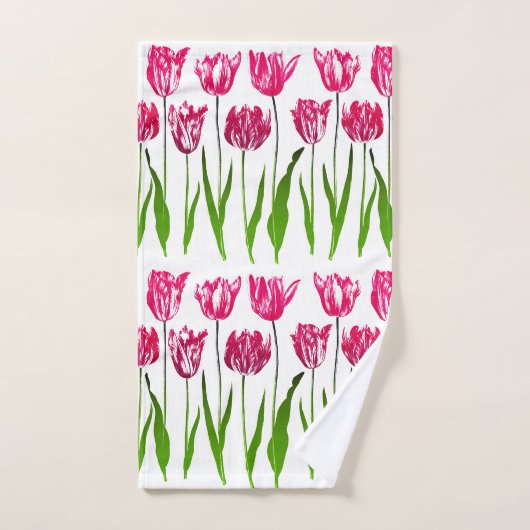 Tulip Garden Imprimer en rose et vert Fuchsia  (Serviette à main)