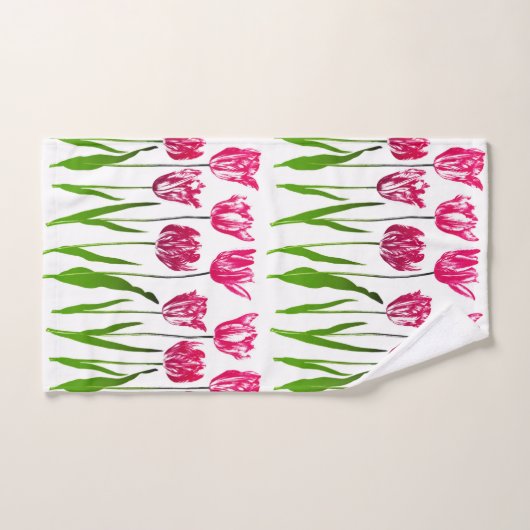 Tulip Garden Imprimer en rose et vert Fuchsia  (Serviette à main)