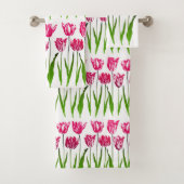 Tulip Garden Print in Fuchsia Pink en Green  Bad Handdoek (Insitu)