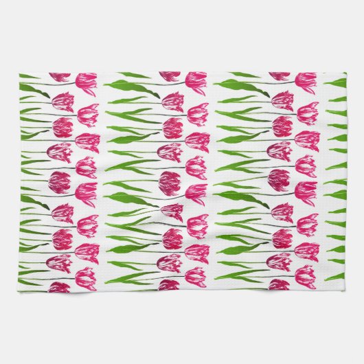 Tulip Garden Print in Fuchsia Pink en Green Theedoek (Horizontaal)