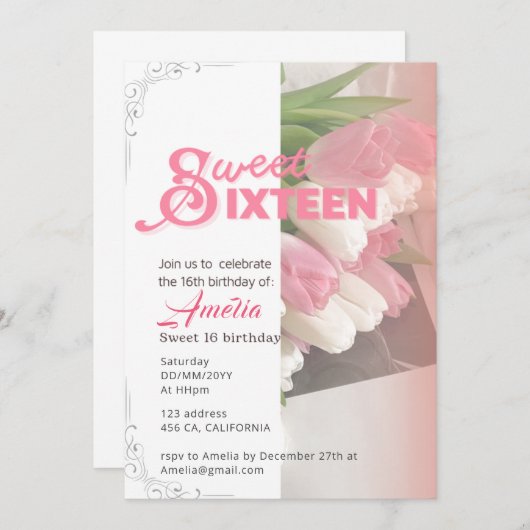 Tulipe rose douce élégant doux 16 Invitation (Devant / Derrière)