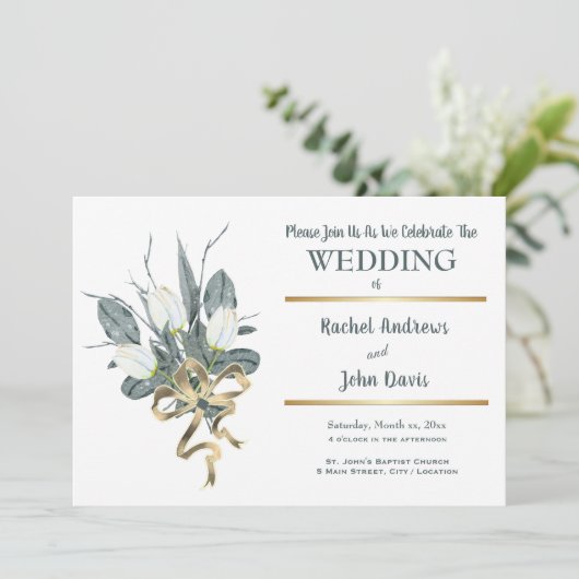 Tulipes Blanches Avec Or, Faire-part de mariage (Debout devant)