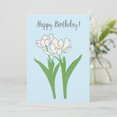 Tulipes blanches sur carte d'anniversaire bleu cla (Debout devant)