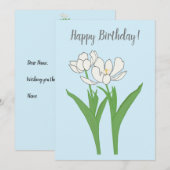 Tulipes blanches sur carte d'anniversaire bleu cla (Devant / Derrière)