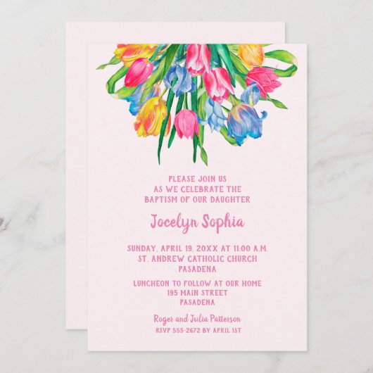 Tulipes Fille Baptême Christening Invitations (Devant / Derrière)