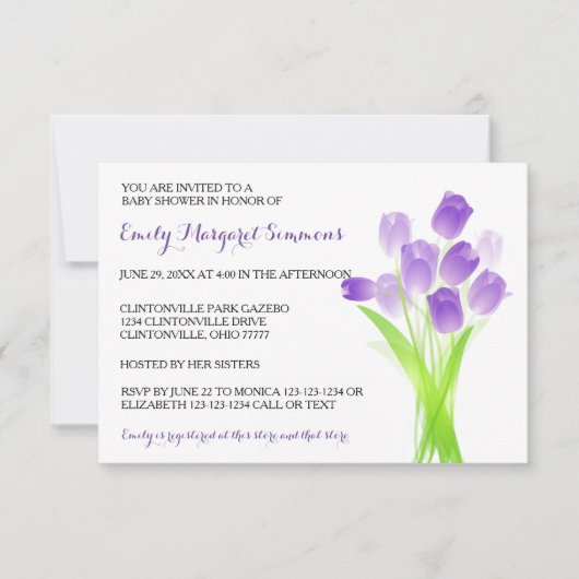 Tulipes pourpres - Invitation Baby shower 3x5 (Devant)