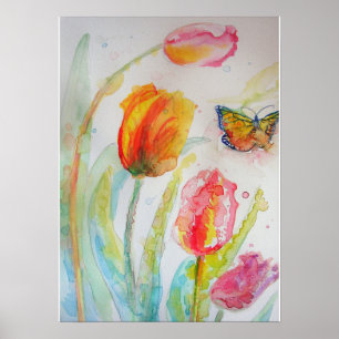 Tulipes roses Fleurs florales Aquarelle Poster