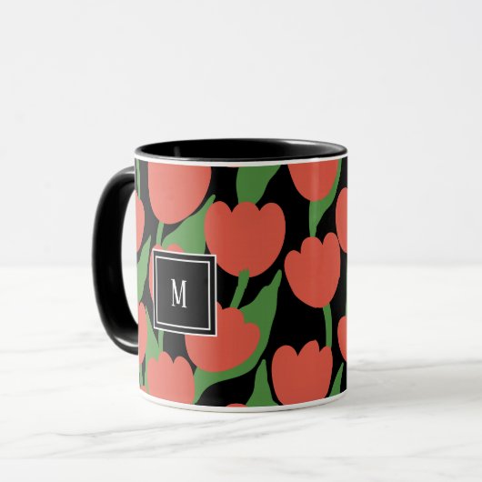 Tulipes rouges rétro, monogramme personnalisé Mug (Devant gauche)