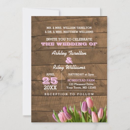 Tulipes rustiques et Faire-part de mariage en bois (Devant)