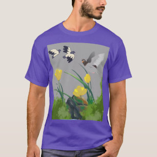TULP EN VLIEGENDE VOGEL GRAFISCHE KUNST T-SHIRT