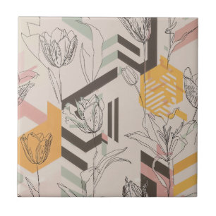 Tulp Lijn Kunstpatroon in Mosterd & Blush Tegeltje