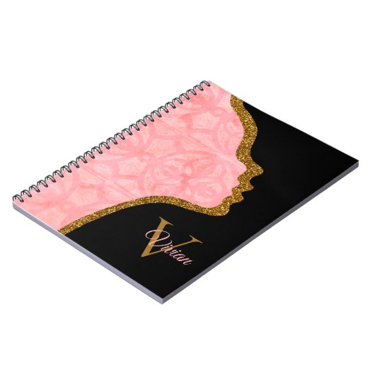 Tulp roze en goudglitter face-monogram notitieboek (Linkerzijde)