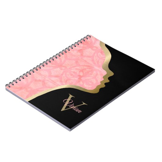 Tulp roze zwart-wit en goudletterige monogram, op notitieboek (Linkerzijde)