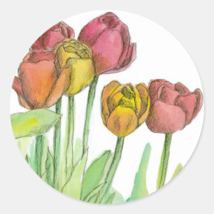 Tulp Waterverf Bloemen Zalmroze Bloemenkunst Ronde Sticker