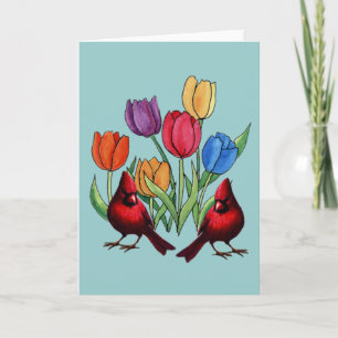 Tulpen en kardinalen feestdagen kaart
