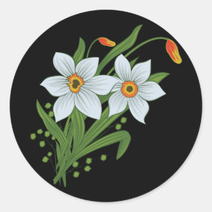 Tulpen en Narcissen Bloemen Zwarte Achtergrond Ronde Sticker