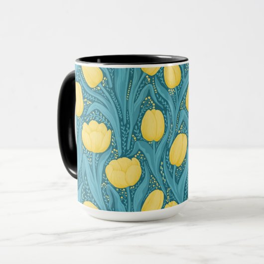 Tulpen in blauw en geel mok (Voorkant links)