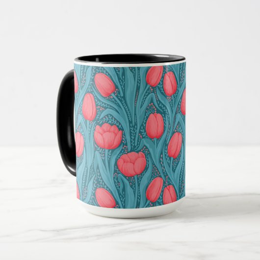 Tulpen in blauw en rood mok (Voorkant links)