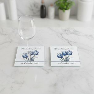 Tulpen in Delfts Blauw aanpasbaar Glazen Onderzetter