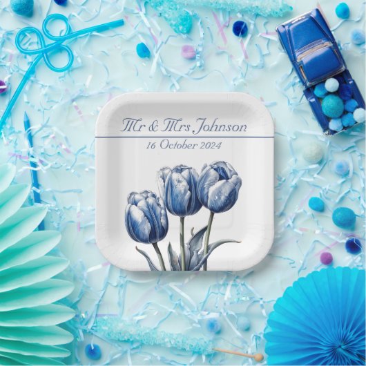 Tulpen in Delfts Blauw aanpasbaar Papieren Bordje (Feest)