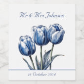 Tulpen in Delfts Blauw aanpasbaar Wijn Etiket (Enkel label)