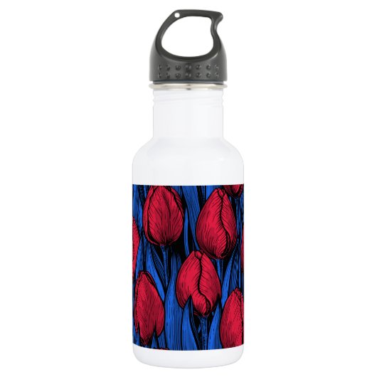 Tulpen in rood en blauw waterfles  (Voorkant)