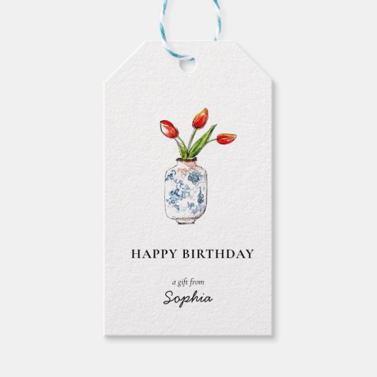 Tulpen in vaas Happy Birthday cadeaukaartjes Cadeaulabel (Voorkant)