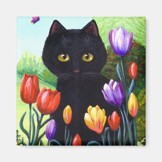 Tulpen Leuke Zwarte Kat Vlinder Creationarts Magneet (Voorkant)