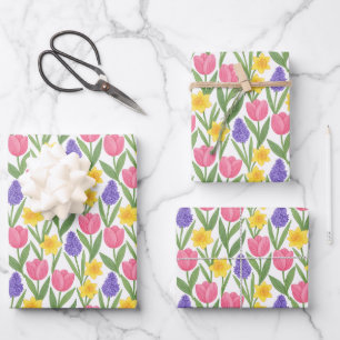 Tulpen, Narcissen, Hyacinten Kleur Stijl Inpakpapier Vel