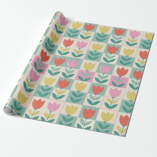 tulpen patchwork patroon cadeaupapier (Uitgerold)