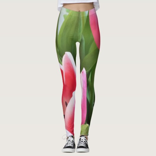 Tulpen roze groene gele bloemen Leggings (Voorkant)