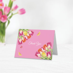 Tulpen & Vlinders Roze Bruiloft Feest Bedankkaart