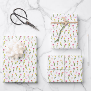 Tulpen & Vlinders Wit Patroon Inpakpapier Vel