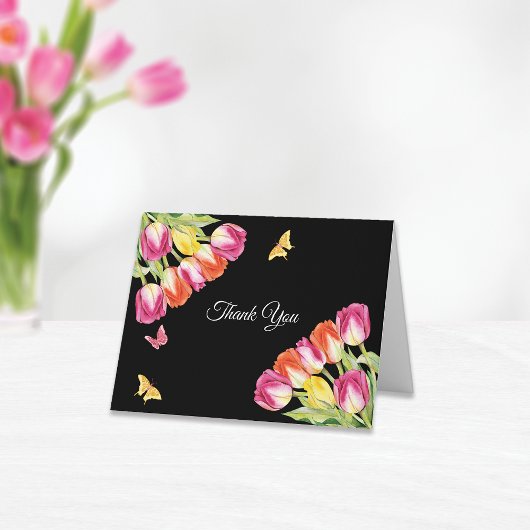 Tulpen & Vlinders Zwarte Bruiloftsdans Bedankkaart