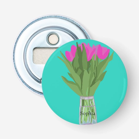  Tulpenbloem Moderne Illustratie + Naam Button Flesopener (Voorkant)