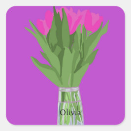  Tulpenbloem Moderne Illustratie + Naam Vierkante Sticker