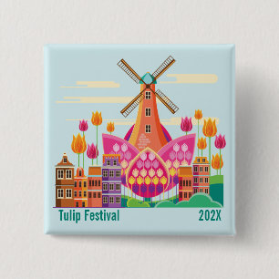 Tulpfestival, windmolen, Tulpen Vierkante Button 5,1 Cm
