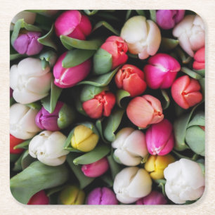 Tulps Colorful Flowers Paaslente Vierkante Kartonnen Onderzetter