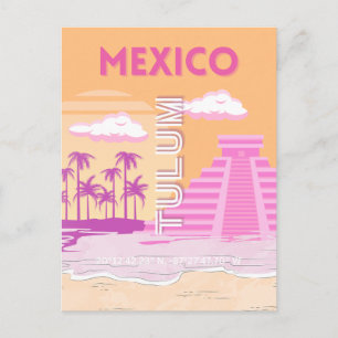 Tulum, Reiskunst, Retro Art, Roze, Sinaasappel Feestdagenkaart