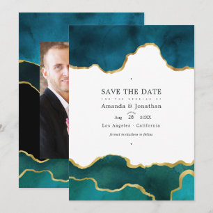 Turf en gouden geode agaat steen trouwfoto save the date