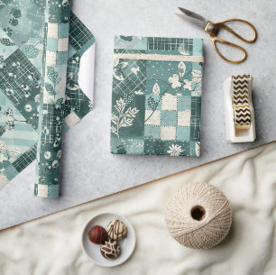 Turf Groen Quilt Gingham Cottagecore Bloem Cadeaupapier