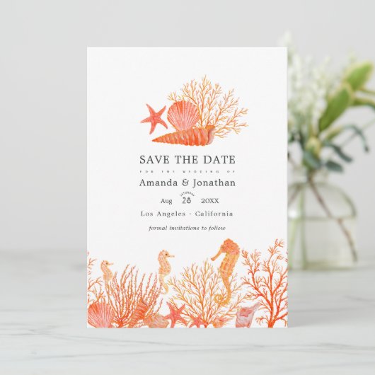 Turfachiet en koraalstrand bruiloftsfoto save the date (Staand voorkant)