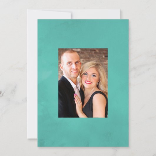 Turfachiet en koraalstrand bruiloftsfoto save the date (Achterkant)