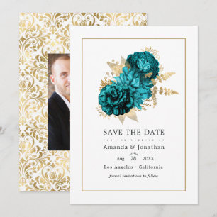 Turfblauw Antiek - Turquoise en Gouden Bloemige Br Save The Date