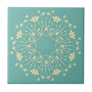 Turfblauw en Beige Elegante Bloemenkrans Tegeltje